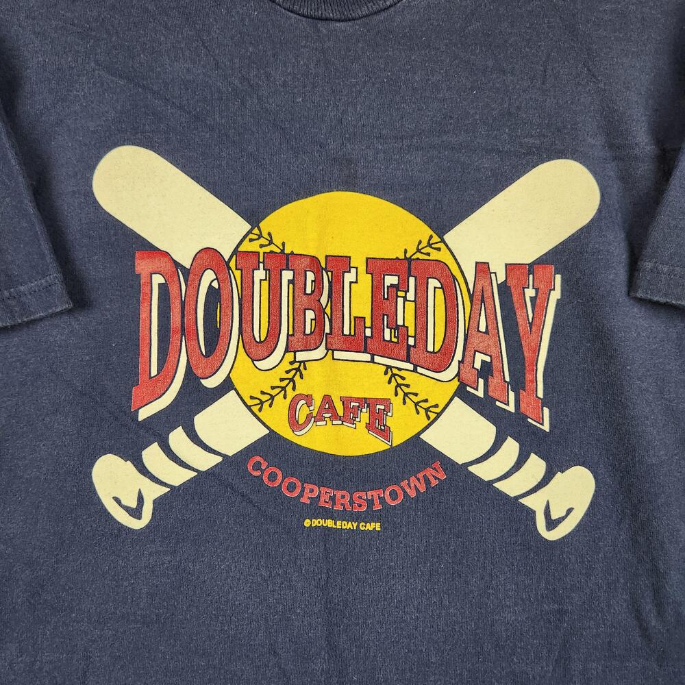 Vintage Doubleday Cafe Cooperstown Shirt Mens XL Blue Baseball Drinking Funny
